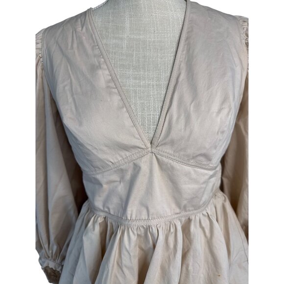 Staud Beige Peplum Blouse With Puff Sleeves & V-Neckline Size S - Picture 5 of 12